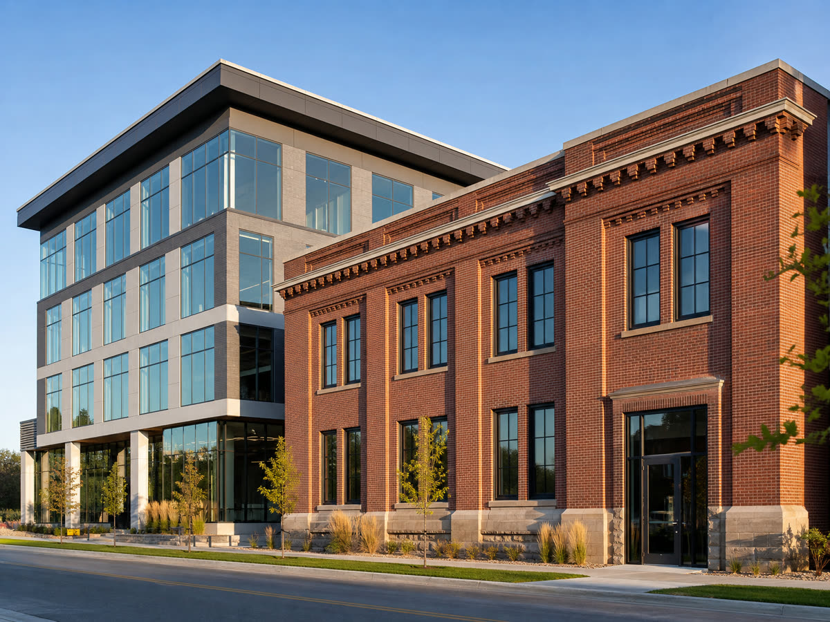 Modern office building next to a restored brick building