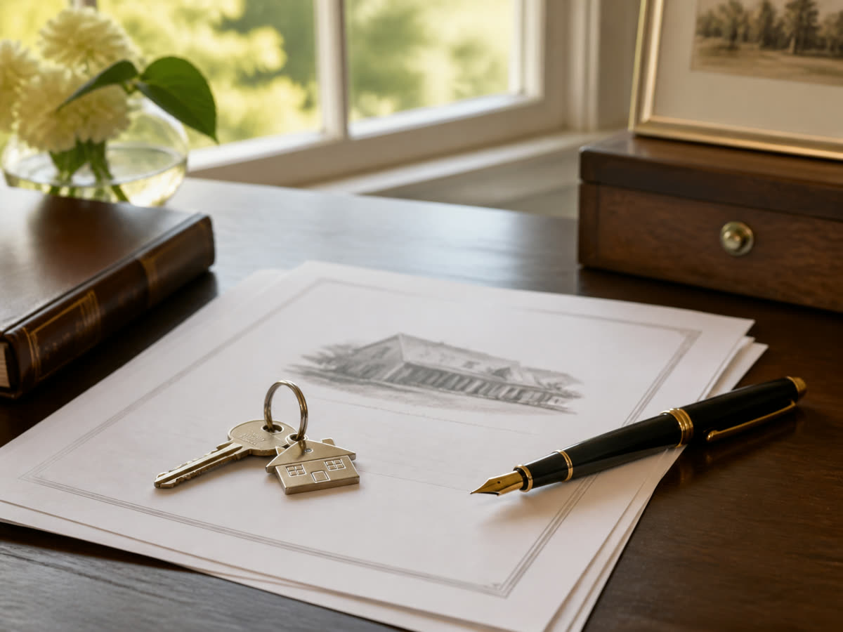 Property documents, a house key and a pen on a desk