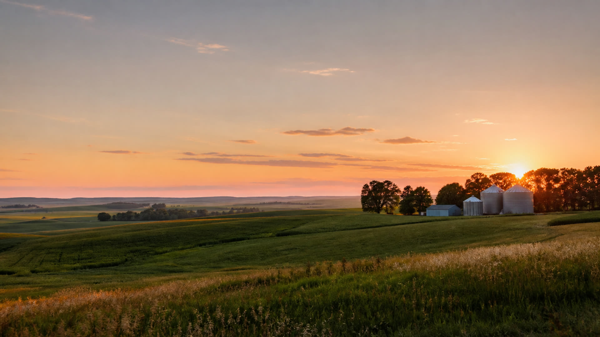 Eastern Nebraska farmland with grain bins at sunset